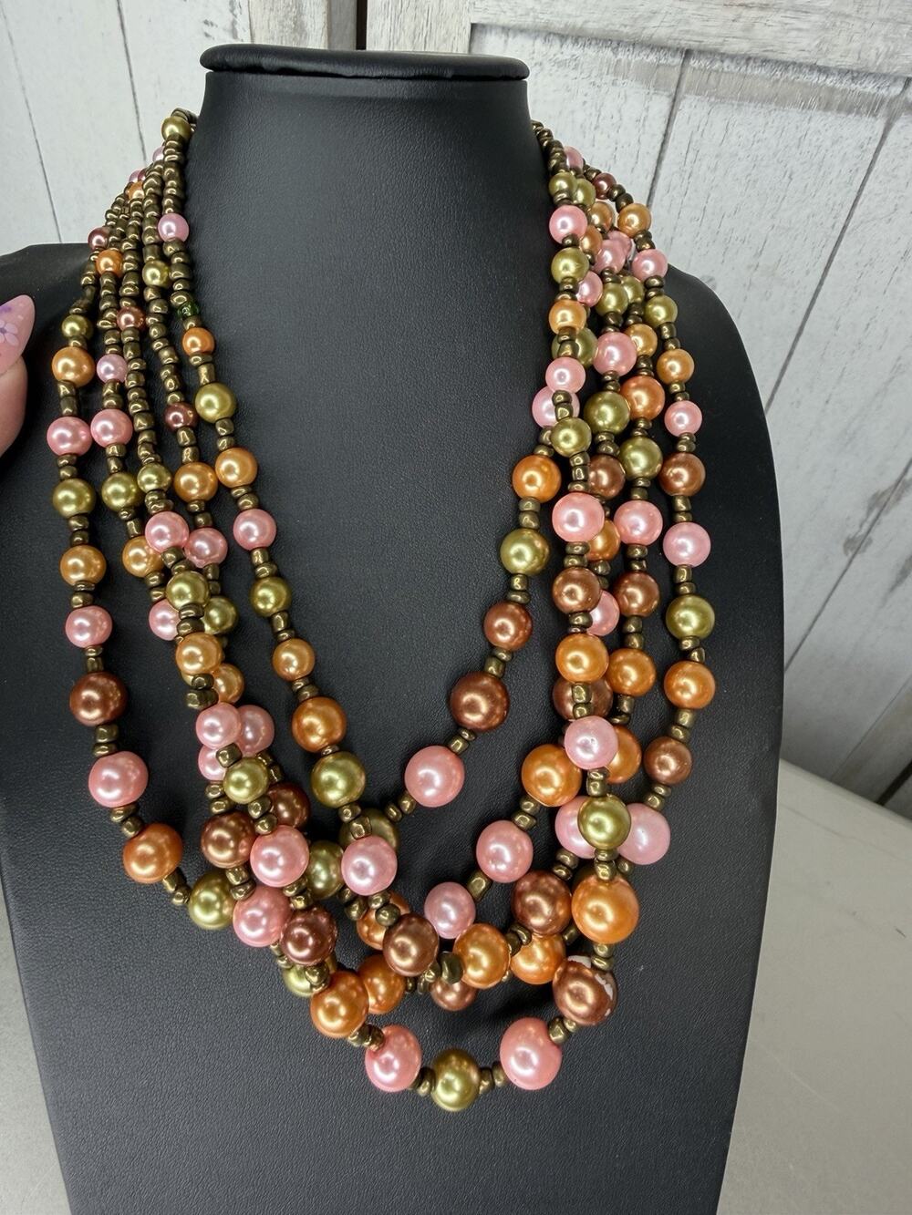 Multi Strand Beaded Necklace Pink Brown Statement Bib Necklace Faux Pearl